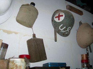 018 WW II Helmet worn by paramedics and water containers